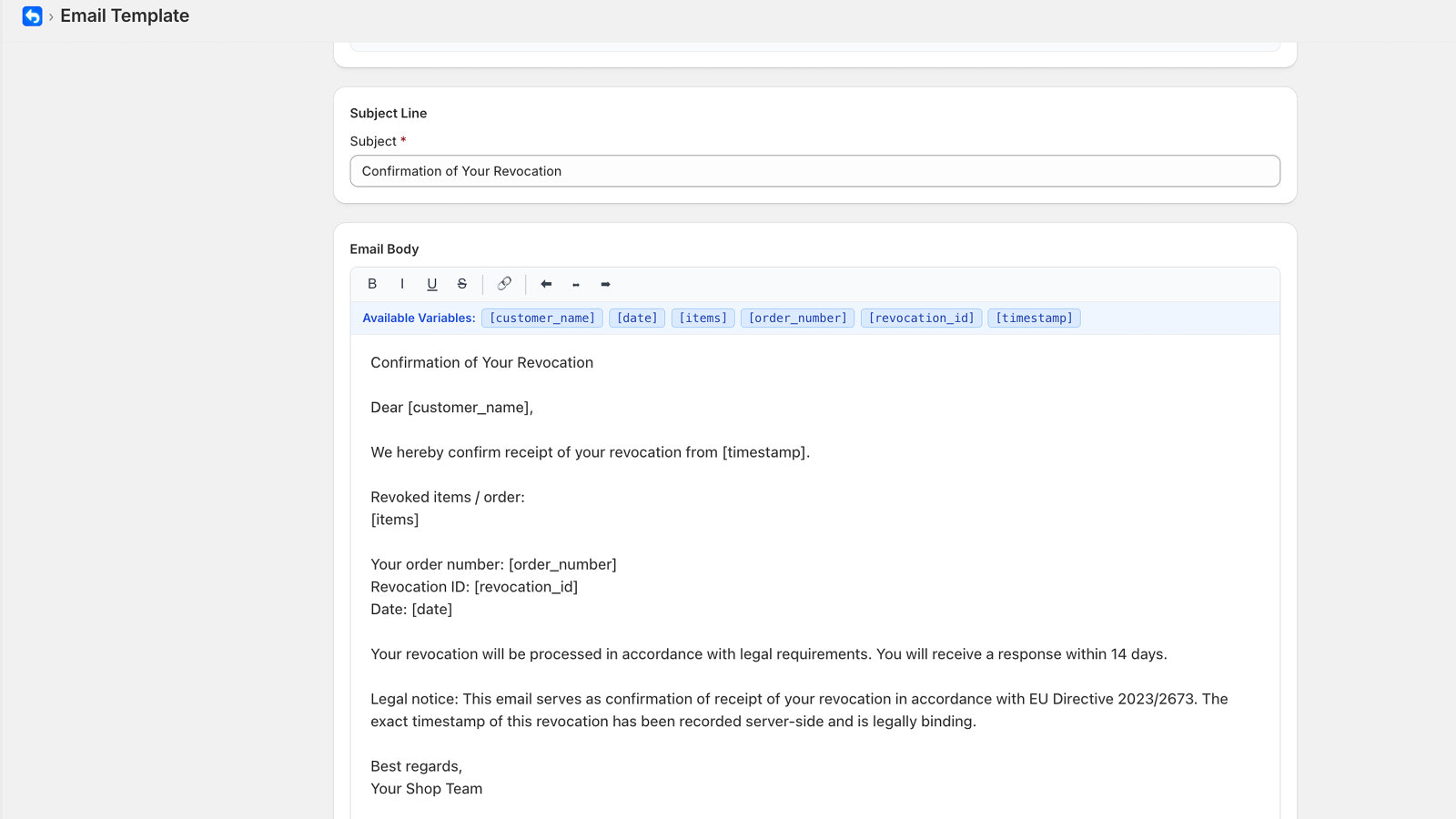 EasyWiderruf app inside the Shopify admin with dashboard and withdrawal overview