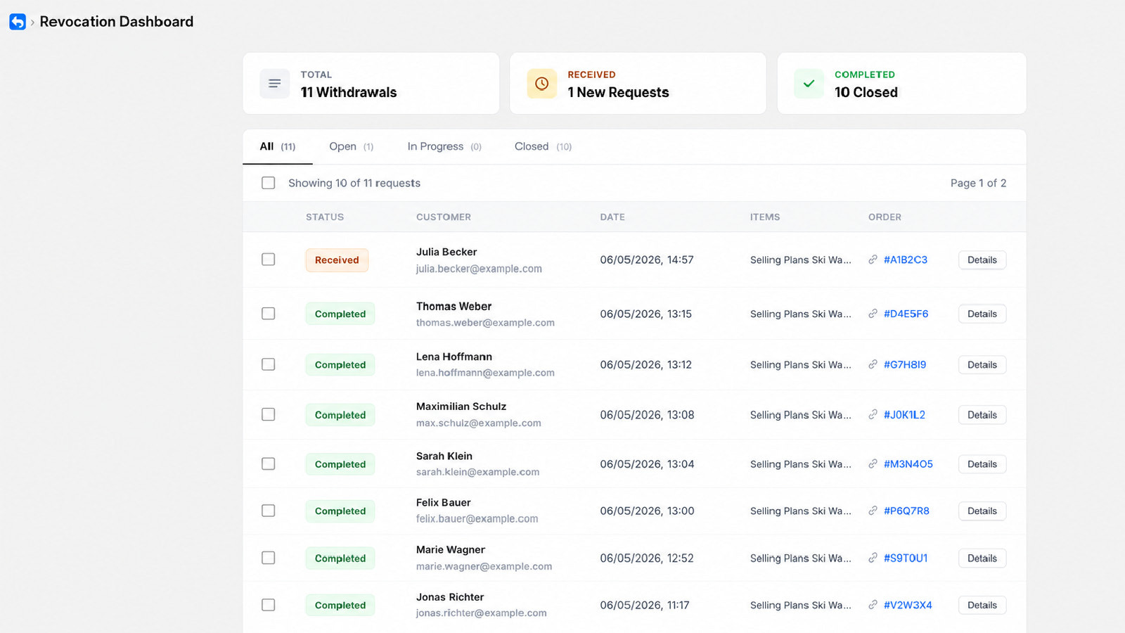 EasyWiderruf setup inside the Shopify admin with configuration of the withdrawal feature