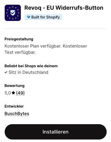Revoq EU-Widerrufsbutton im Shopify App Store mit Built-for-Shopify-Badge und Bewertung