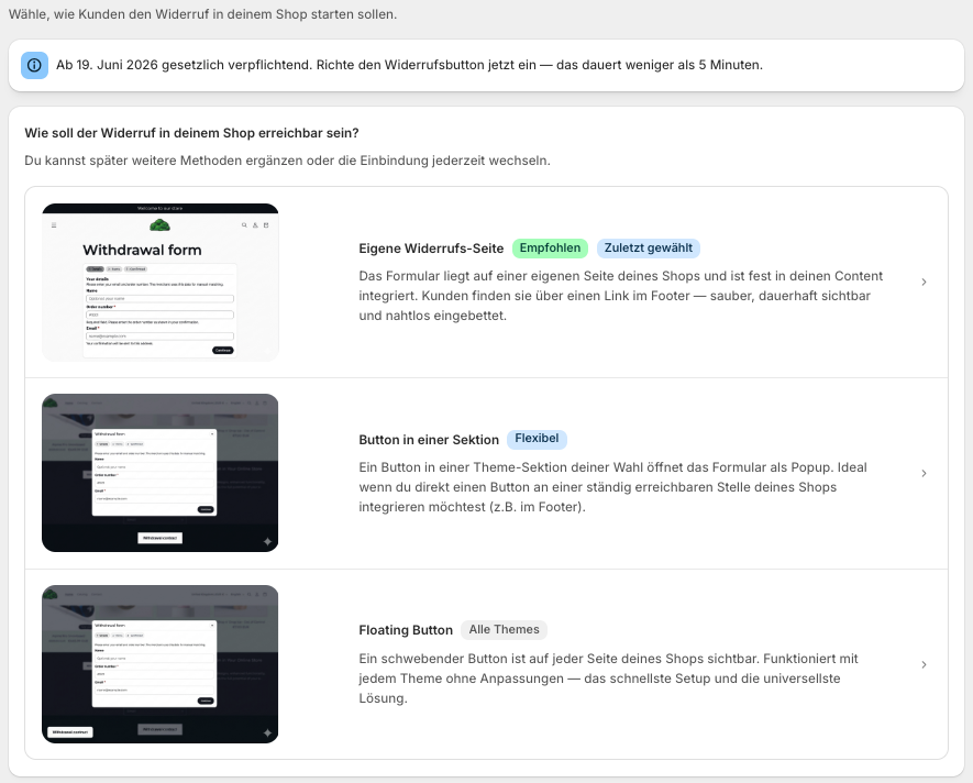 Revoq Onboarding im Shopify-Admin mit Auswahl der Einbindungsmethode