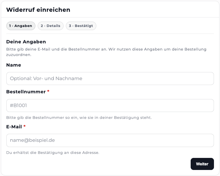 Revoq Widerrufsformular Step 1 mit Name, Bestellnummer und E-Mail-Eingabe