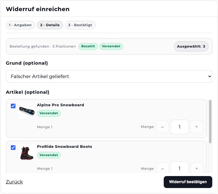 Revoq Step 2 mit gefundenen Bestellpositionen, Artikelauswahl und Mengenauswahl