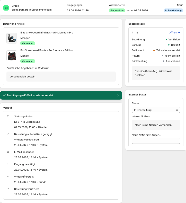 Revoq Widerrufsdetailseite im Shopify-Admin mit Betroffenen Artikeln, Bestelldetails und Verlauf