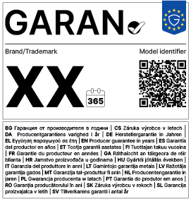EU-GARAN-Label mit Platzhaltern für Garantiedauer, Marke und Modell