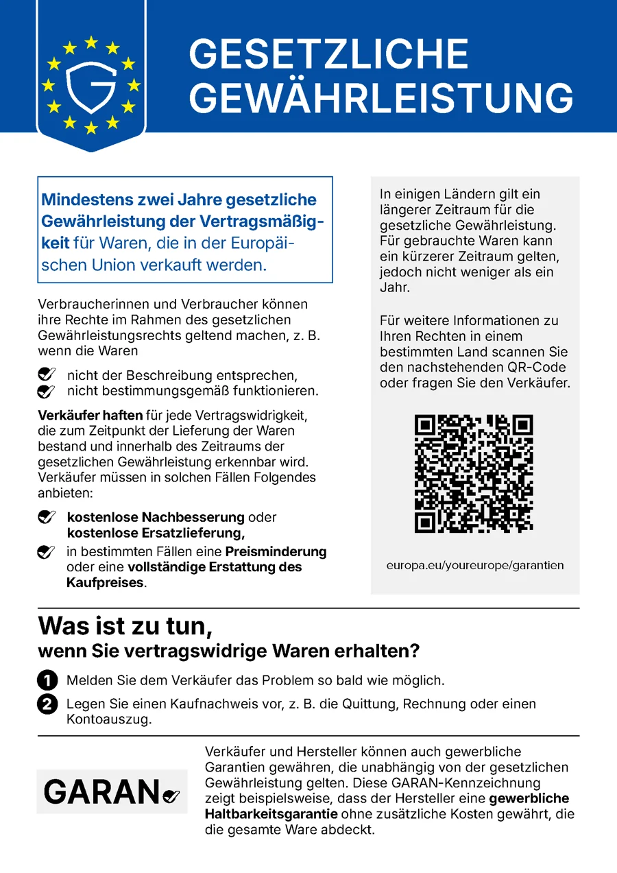 EU-Hinweis Gesetzliche Gewährleistung in deutscher Fassung mit QR-Code und GARAN-Erklärung