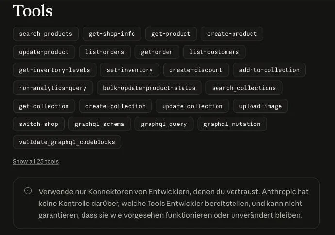 Liste der Werkzeuge des Shopify Connectors, zum Beispiel create-product, list-orders, set-inventory und create-discount