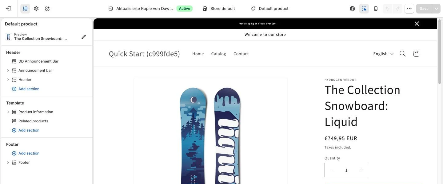 Shopify Theme-Editor mit Produkt-Template