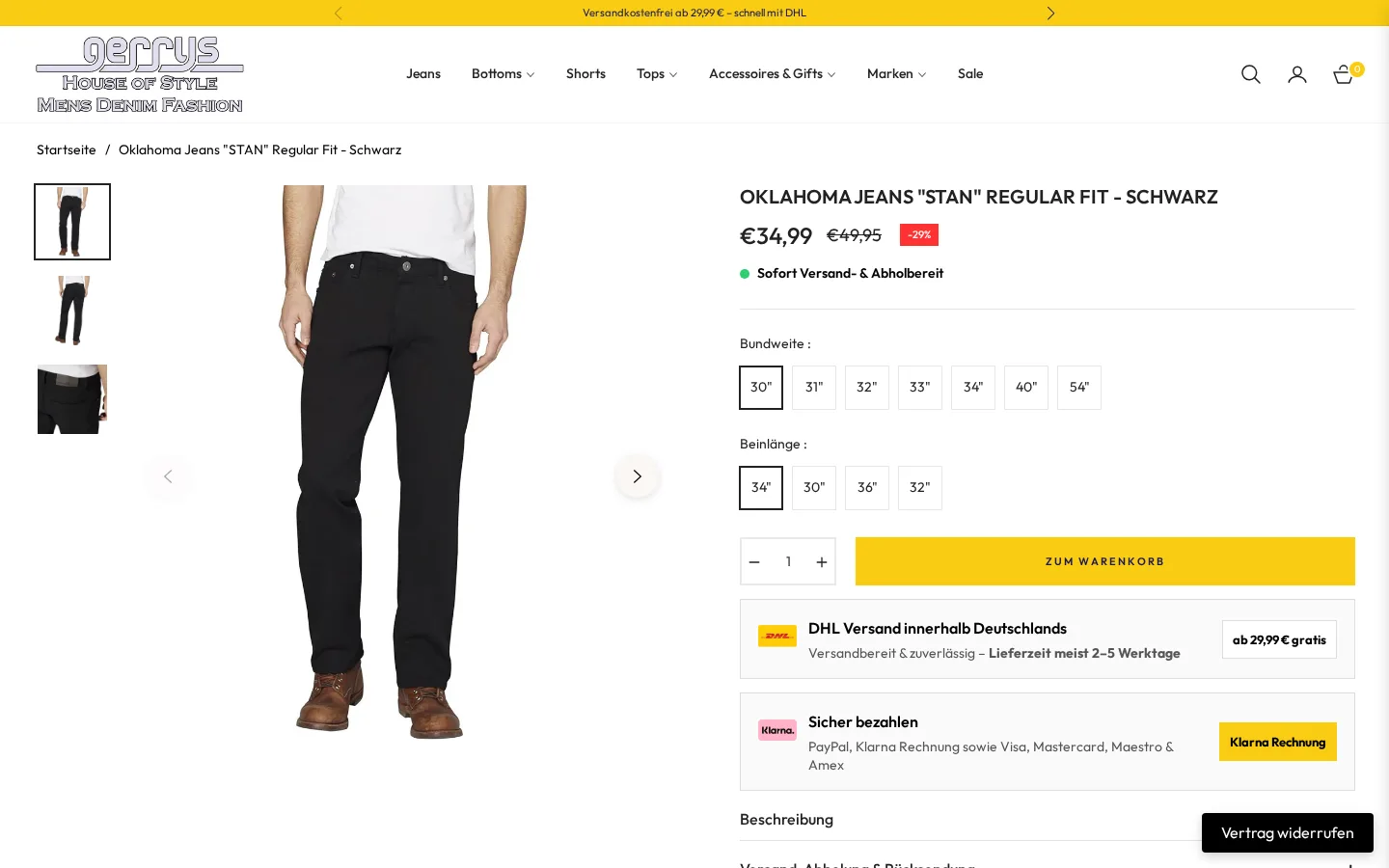Produktseite einer Jeans mit Größenauswahl
