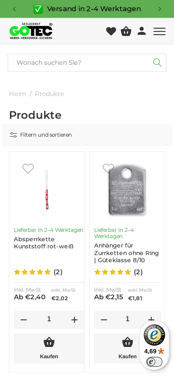 Produktübersicht auf dem Handy