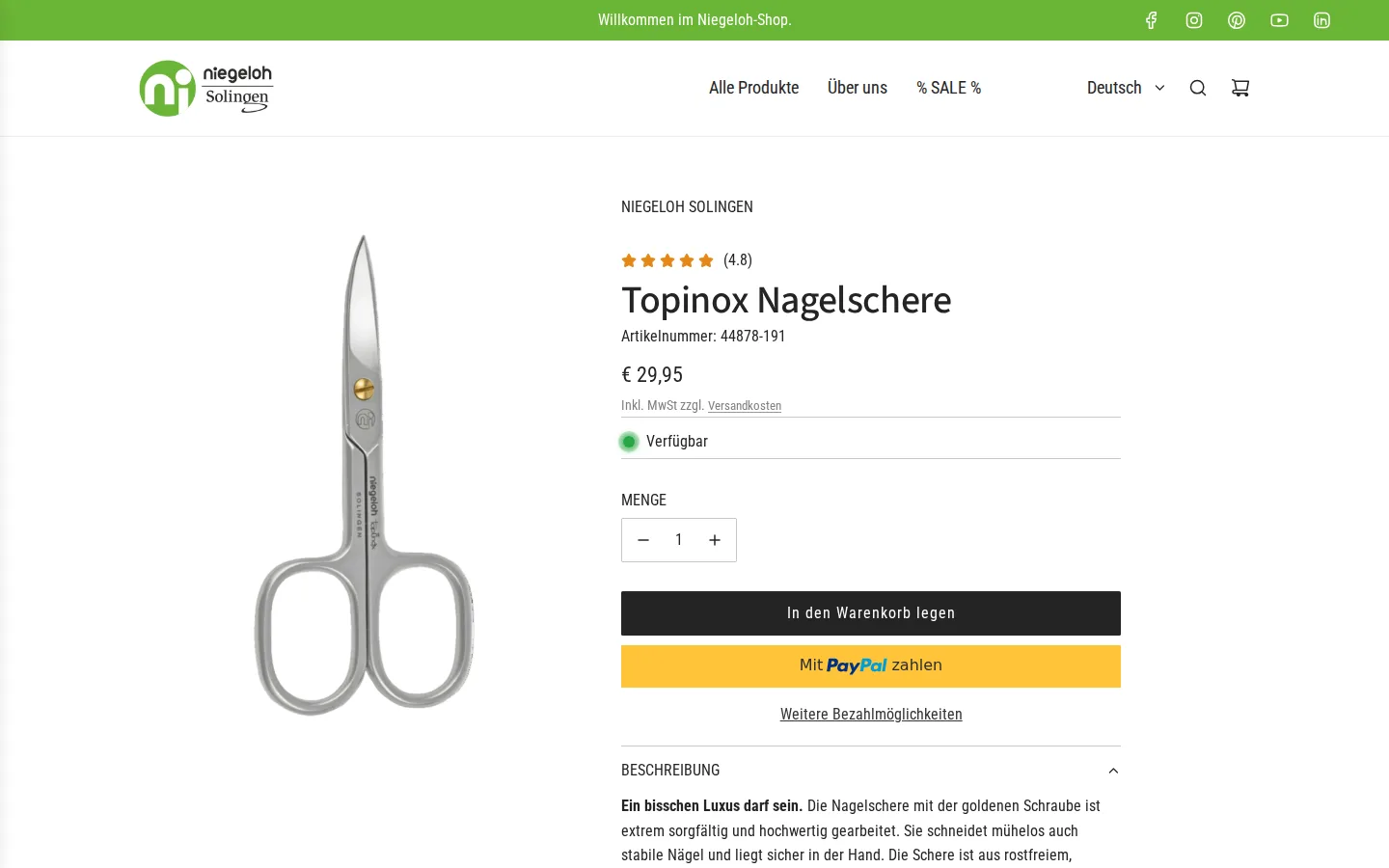 Produktseite einer Nagelschere