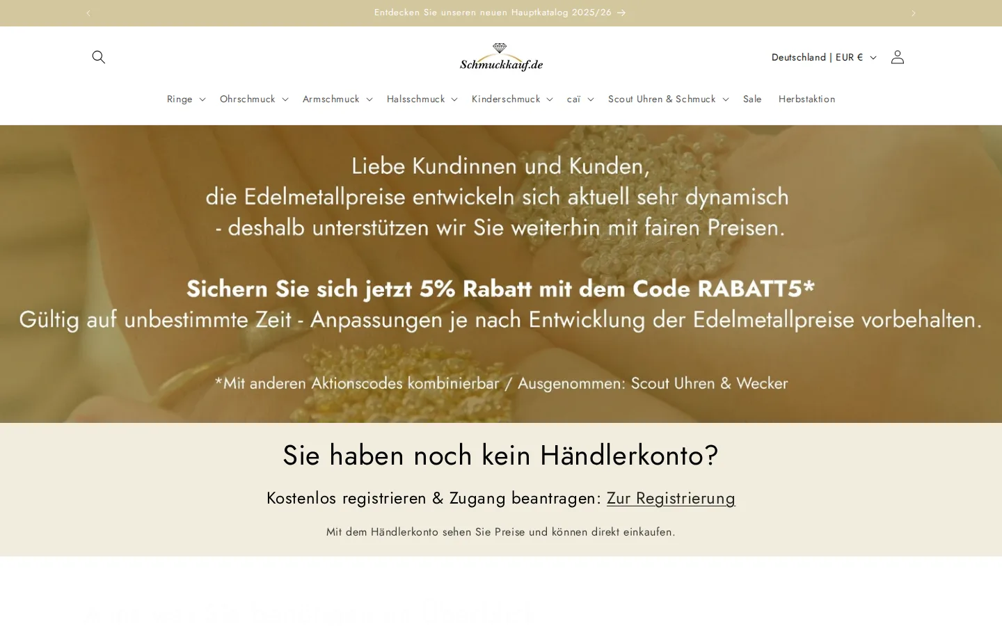 Startseite von Schmuckkauf.de mit Hinweis auf das Händlerkonto