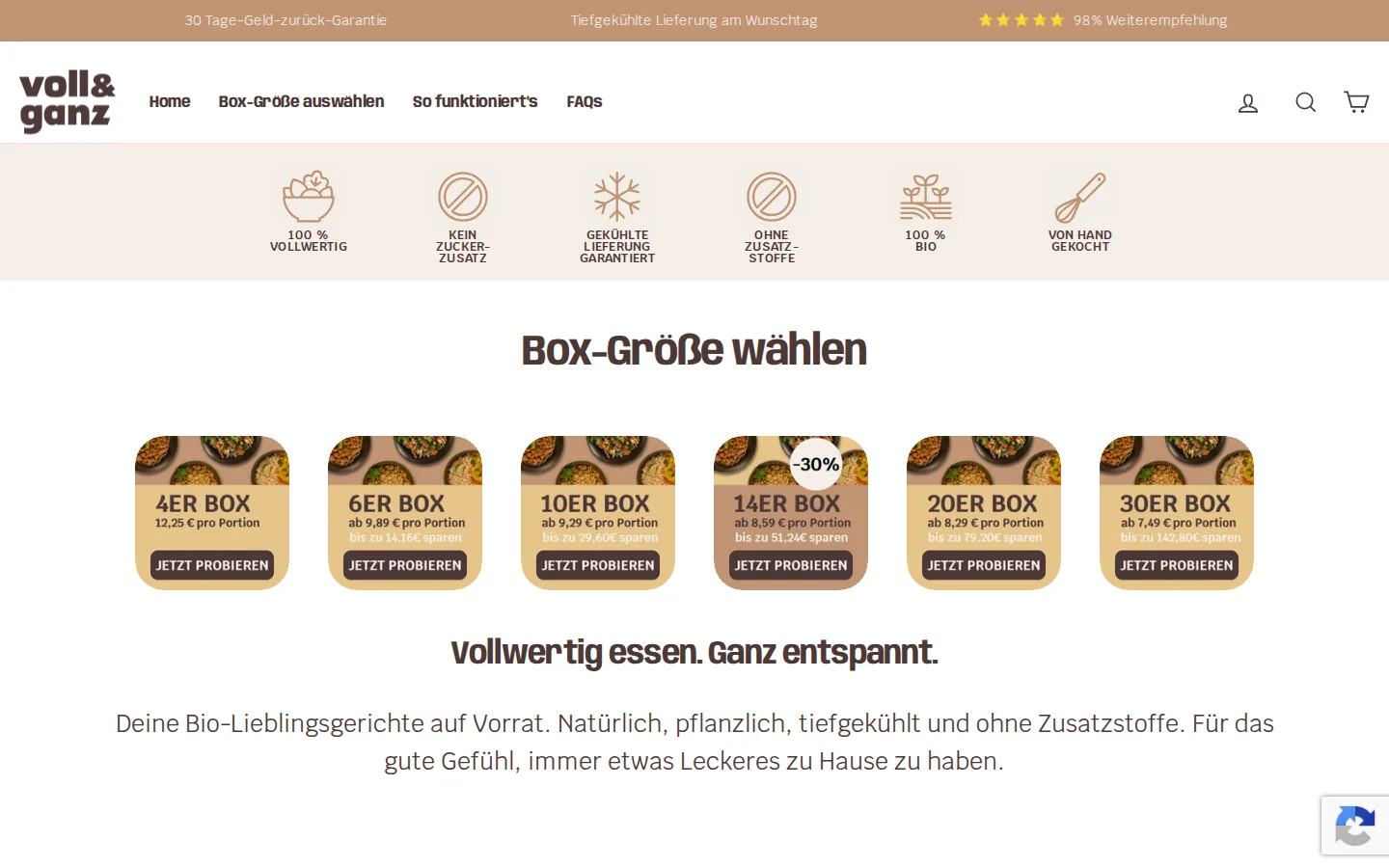 Startseite von voll&ganz mit Box-Auswahl